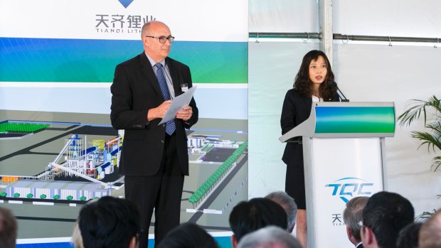 Tianqi Lithium Australia general manager Phil Thick and Tianqi Lithium Corporation CEO Vivian Wu at the groundbreaking ceremony for the company's $400m lithium hydroxide plant in Kwinana.