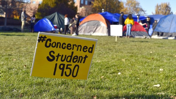 A sign is posted where student protesters have put up tents at the University of Missouri in Columbia, Missouri. 