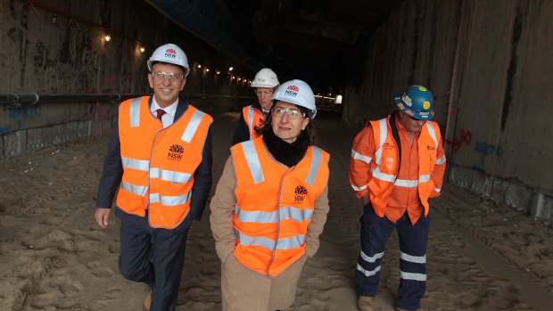 Premier Gladys Berejiklian and Transport Minster Andrew Constance inspect the tunnel at Moore Park for the light rail line.