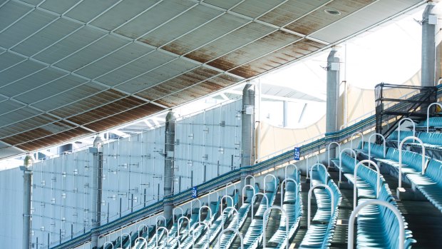 The roof of Allianz stadium shows the steelwork is corroding, while the timber supports in the roof are also decaying.