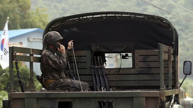 A South Korean soldier at the border town of Yeoncheon.