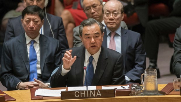 Chinese Foreign Minister Wang Yi speaks during the Security Council meeting on Friday.