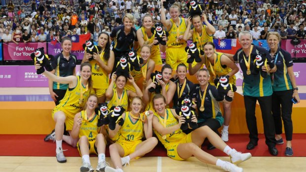 The Emerging Opals celebrate their gold medal win at the World University Games. 