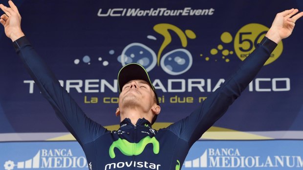 Against 24-hour testing: Italy's Adriano Malori celebrates on the podium after winning the opening stage of the Tirreno-Adriatico race.