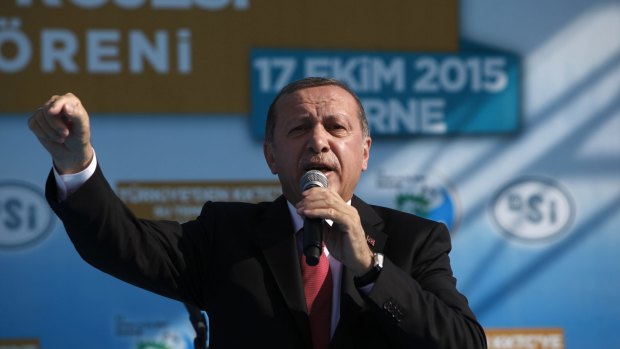 Turkish President Recep Tayyip Erdogan speaks to his supporters.
