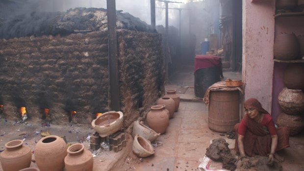 Pottery being prepared for exhibition at the Dharavi slum.