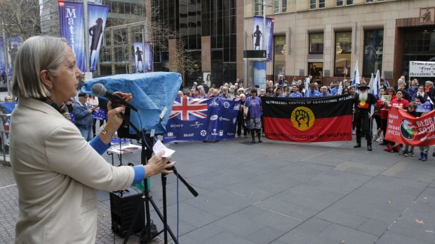 Greens Senator Lee Rhiannon addresses the rally against the Trans-Pacific Partnership (TPP), in Martin Place.