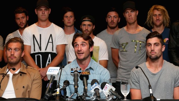 The next step: Jobe Watson and some members of the Essendon 34 last October.