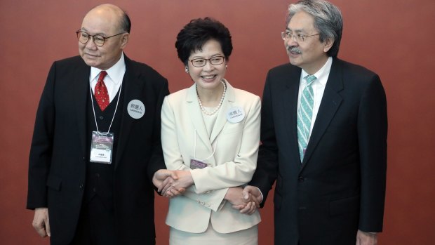 The three candidates for Hong Kong's chief executive: (from left)  retired judge Woo Kwok-hing, Hong Kong's former chief secretary Carrie Lam and Hong Kong's former financial secretary John Tsang.