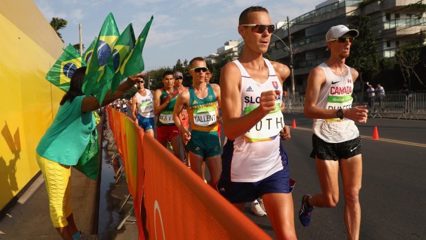 Jared Tallent of Australia, behind Matej Toth of Slovakia in the men's 50km race walk in Rio.