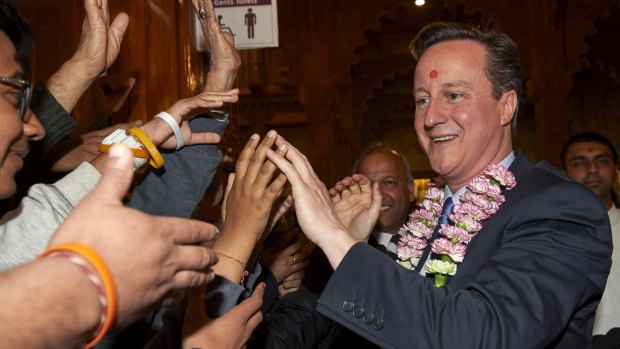 British Prime Minister and Conservative Party Leader David Cameron at the Neasden Hindu temple in London on Saturday.