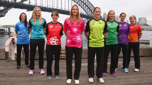 Women's Big Bash League launch: (From left) Megan Schutt, Holly Ferling, Sarah Elliott, Ellyse Perry, Rene Farrell, Meg Lanning, Julie Hunter and Jess Cameron.