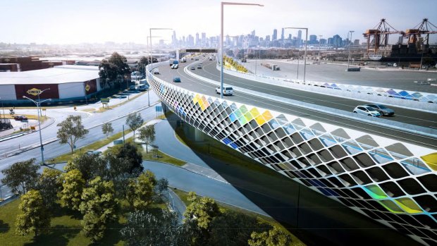 An artist's impression of the Footscray Road elevated freeway section of the West Gate Tunnel. 