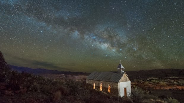 Terlingua Ghost Town Church in a long-abandoned mining town  under the Milky Way.