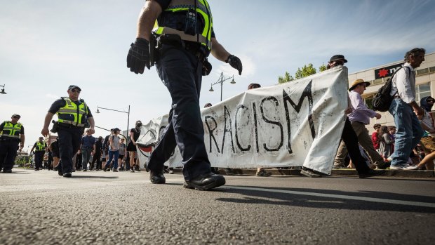 Anti-racism demonstrators on the streets of Bendigo.