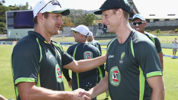 Adam Voges (right) is congratulated by teammate Shane Watson on his Test debut.