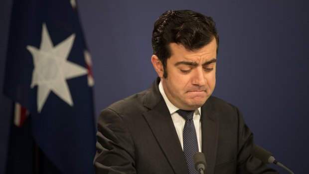 Sam Dastyari announces his resignation at a press conference in Sydney. 