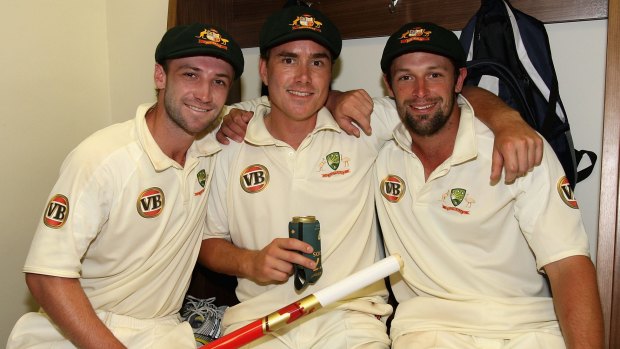 Ben Hilfenhaus in 2009, with fellow Test debutants Phillip Hughes and Marcus North.