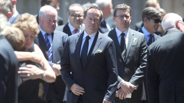 Respect: Federal Opposition Leader Bill Shorten (centre) at the state funeral of Lynne Kosky at Williamstown Hall on Friday.