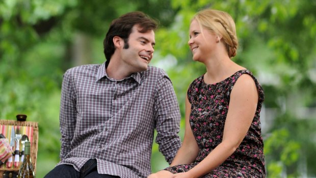 Bill Hader and Amy Schumer on the set of <i>Trainwreck</i>.