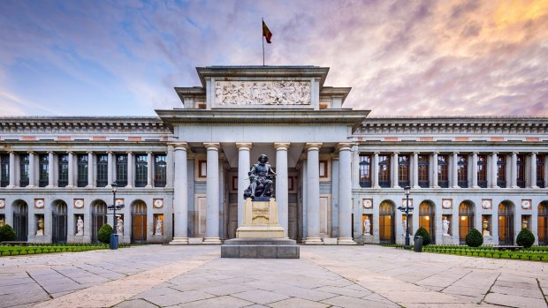 The Prado Museum facade at the Diego Velaszquez memorial.