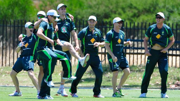 High spirits: The Australian team training in Adelaide on Friday.