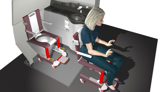 The Smart Onboard Wheelchair designed by Hamburg University of Applied Sciences, HAW for short. This wheelchair has a specially shaped seat which allows it to roll directly over the on-board toilets, giving wheelchair passengers a greater degree of independence. 