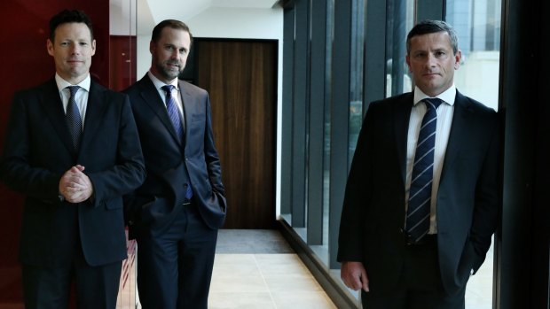 Deutsche Bank boss James McMurdo, Wilson HTM chief Brad Gale and Craigs Investment Partners boss Frank Aldridge in Sydney.