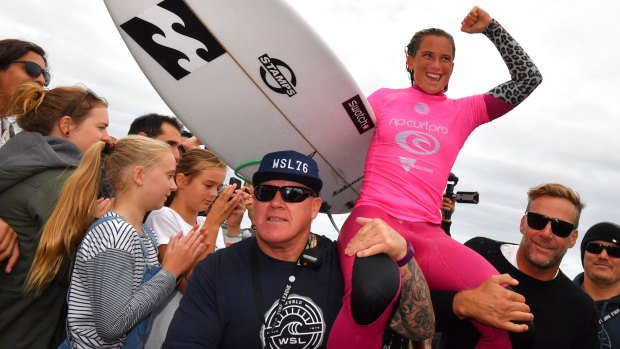 Dual winner: Courtney Conlogue celebrates after defending her Rip Curl Pro title at Bells Beach.