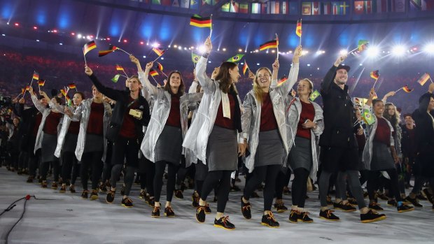 Members of the German team take part in the Opening Ceremony of the Rio 2016 Olympic Games at Maracana Stadium on August 5, 2016 in Rio de Janeiro, Brazil. 