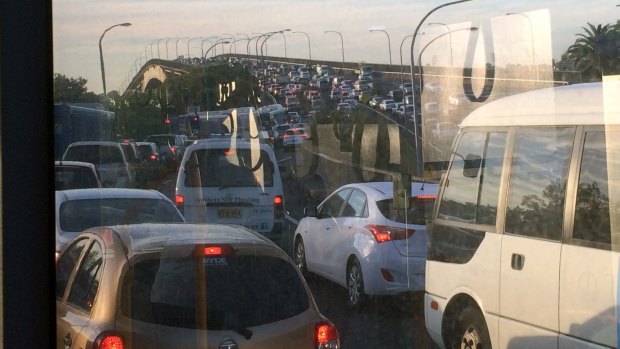 Cars clog the T3 lane on Gladesville Bridge this morning. 