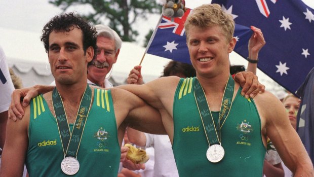 Incoming Wesfarmers CEO Rob Scott (left) and rowing partner David Weightman after winning the silver medal in the men's coxless pairs at the Atlanta Olympics in 1996.