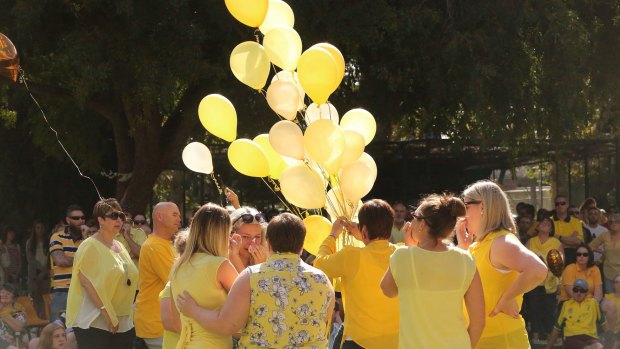 Friends release balloons in honour of murdered Leeton school teacher, Stephanie Scott.