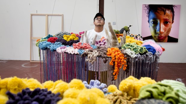 Mulyana from Yogyakarta, Indonesia with his work Cloud Coral, part of the group exhibition Shout! at Mapping Melbourne.