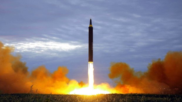 Photo released by the North Korean government showing what was said to be the test launch of a Hwasong-12 intermediate range missile.