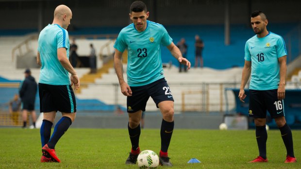 Socceroos Aaron Mooy, Tom Rogic and Aziz Behich in San Pedro Sula before the first leg against Honduras.