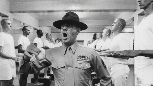 Gunnery Sergeant. Hartman (R.Lee Ermey) incensed at a transgression of barrack room rules in the 1987 film Full Metal Jacket. 