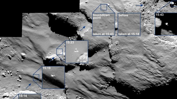 A series of images captured by the Rosetta orbiter showing the descent of the lander Philae on the comet in November.