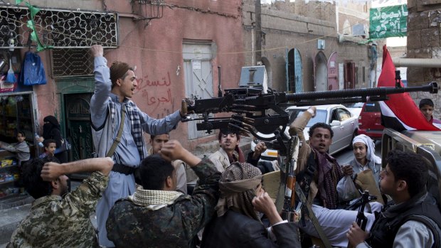 Houthi fighters patrol in Sanaa, Yemen.
