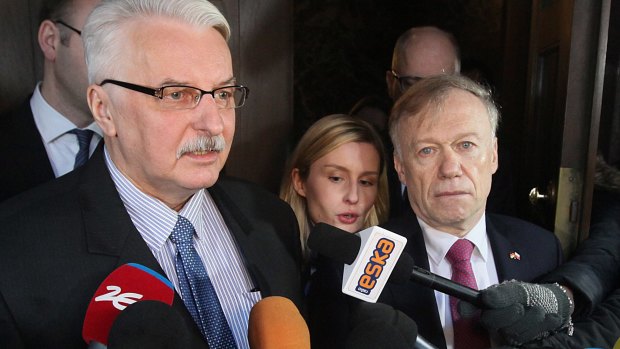 Polish Foreign Minister Witold Waszczykowski, left, and German Ambassador Rolf Nikel. Mr Waszczykowski protested what he called "anti-Polish" statements by some German politicians.
