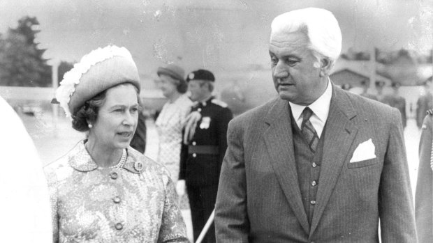 The Queen talks with the governor-general, Sir John Kerr, in 1977.
