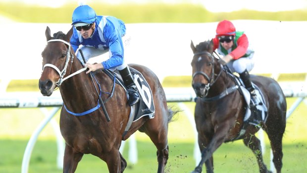 Cruise control: Hugh Bowman and Winx romp home in the Warwick Stakes.