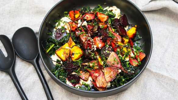 Slow-cooked beetroot salad with horseradish ricotta.