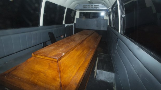 Coffins leave Wijaya Pura in Cilacap after the executions on Nusakambangan prison island.