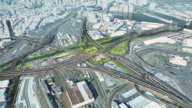 The massive new spaghetti junction to be created in West Melbourne and Docklands for the project. 