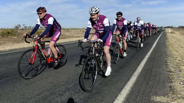 Then social services minister Kevin Andrews (front right) leads the Pollie Pedal charity ride out of Moree, NSW, in August 2014. 