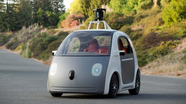 A prototype of a Google self-driving car, in Mountain View, California in 2014. The company is building cars without steering wheels, accelerator pedals or brake pedals.
