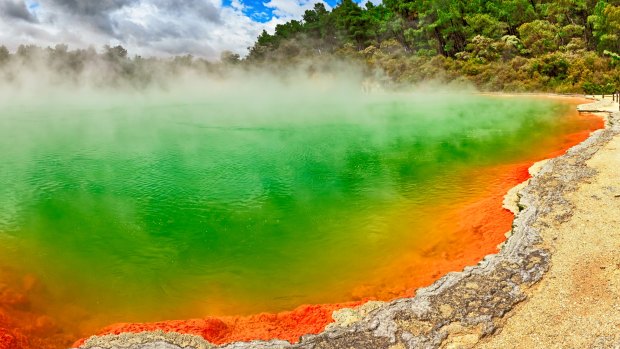 Enjoy the naturally brilliant colours of  thermal pools such as the Champagne Pool at Wai-O-Tapu Thermal Wonderland, Rotorua.