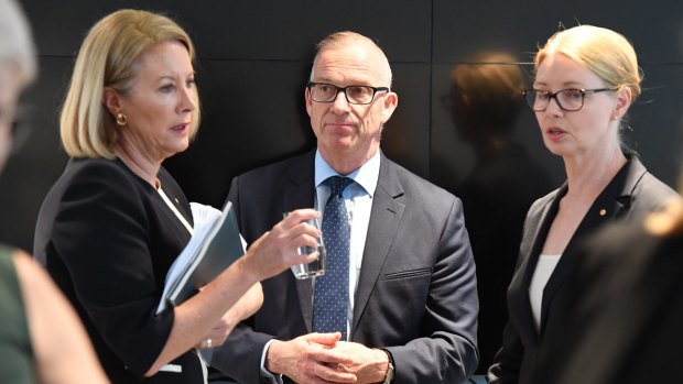 Former sex discrimination commissioner Elizabeth Broderick, University of Sydney vice-chancellor Michael Spence and principal of the Women's College Amanda Bell at the launch of the review's final report.