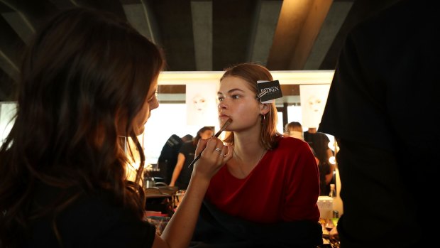 Barely there makeup application at Dion Lee's show for Mercedes-Benz Fashion Week.  